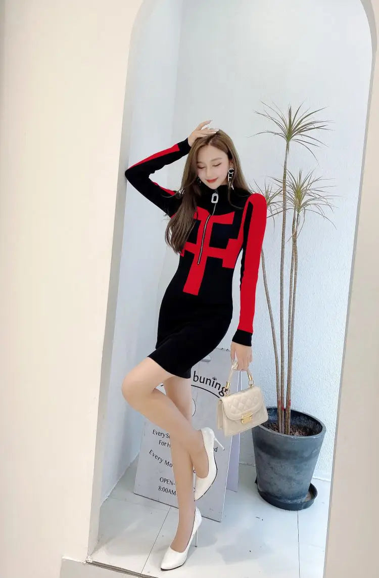 Winter Knit Bodycon Dress With Zipper Pattern Chic