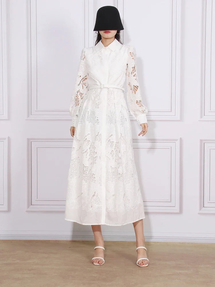 Patchwork Lace Hollow Dress Belted Lantern Sleeve For Women