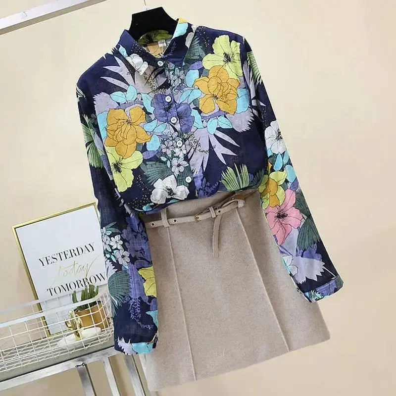 Blue Floral Print Vintage Polo-Neck Long Sleeve Single Breasted Women's Blouse Casual Stylish Top