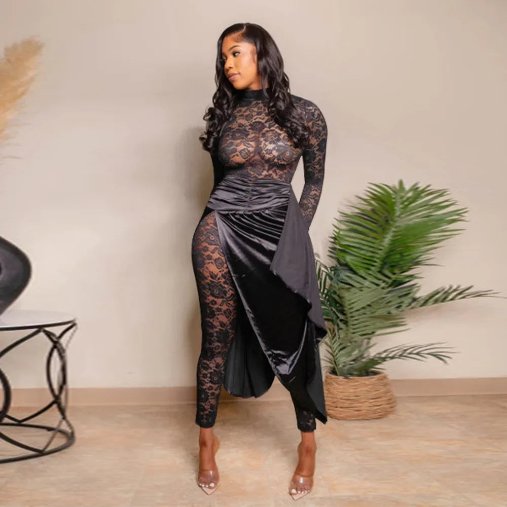 Sexy Sheer Floral Lace Jumpsuit with Overlay Skirt Stretchy Skinny One Piece Romper for Nightclub Party Women Clubwear