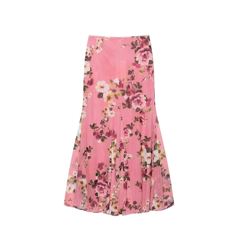 Women Two Piece Set Printed Backless Lace Up Pleated Crop Top with Vintage A-Line Midi Skirt Chic Elegant Summer Outfit for Ladies