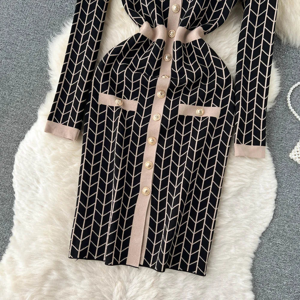 Autumn Plaid Knit Dress Women V Neck Elastic Waist Midi