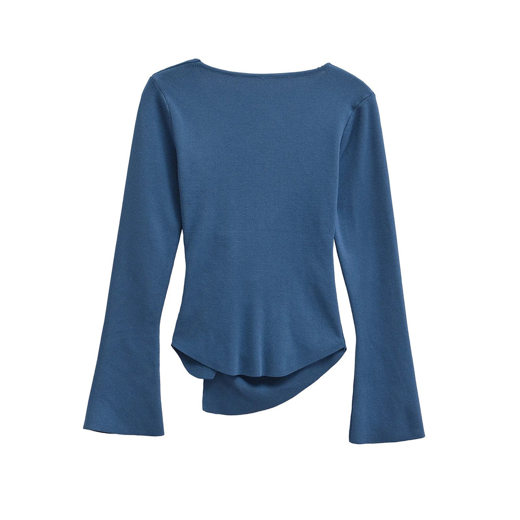 Asymmetrical Blue and Brown Knitted Sweater Women's Pleated Long Sleeve Autumn Knitwear Elegant Fall Top