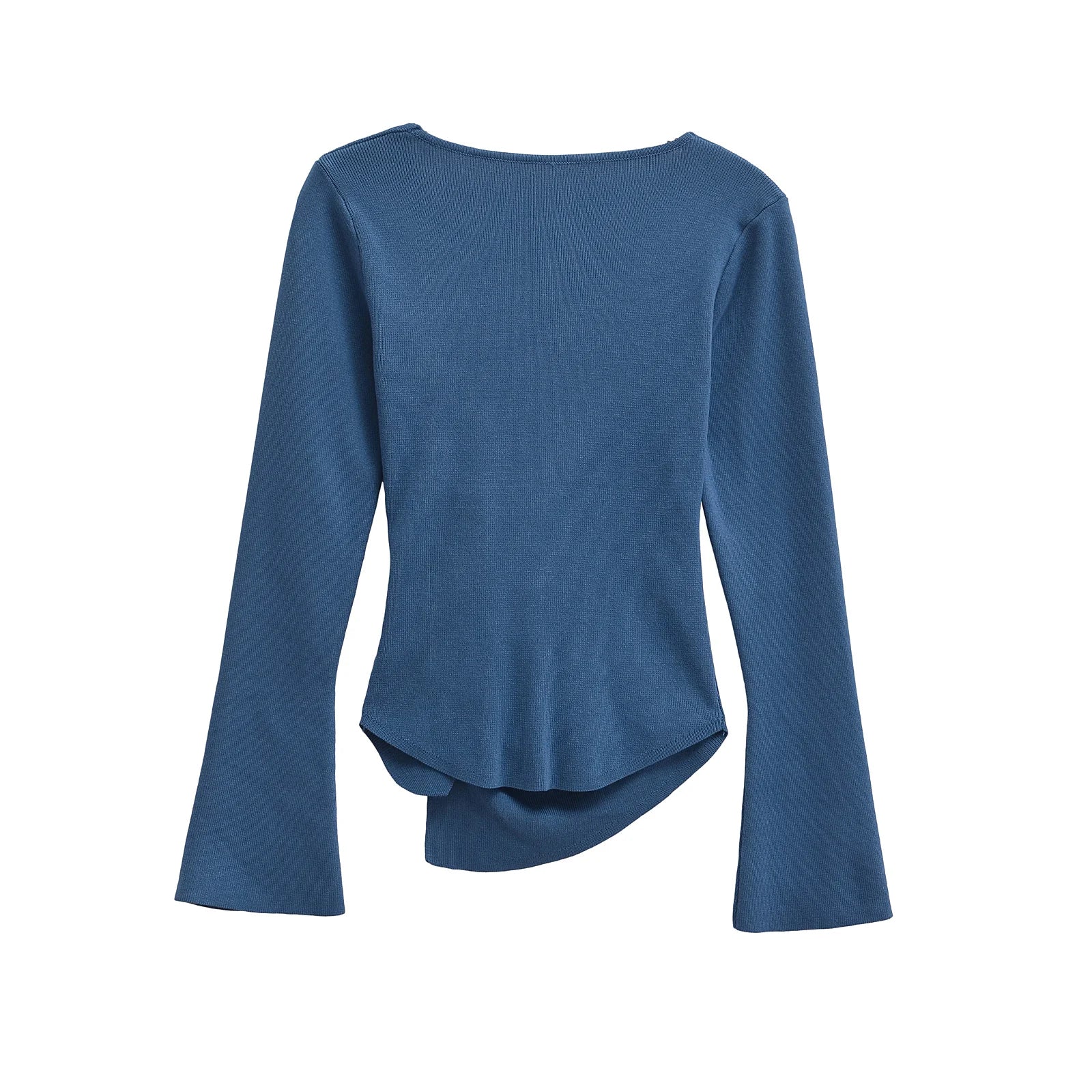 Asymmetrical Blue and Brown Knitted Sweater Women's Pleated Long Sleeve Autumn Knitwear Elegant Fall Top