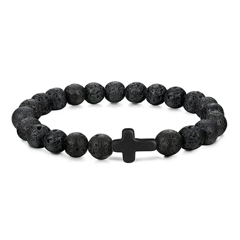 Natural Stone Hematite Cross Bracelet with Onyx and Wood Beads for Men and Women - Meditation and Yoga Jewelry