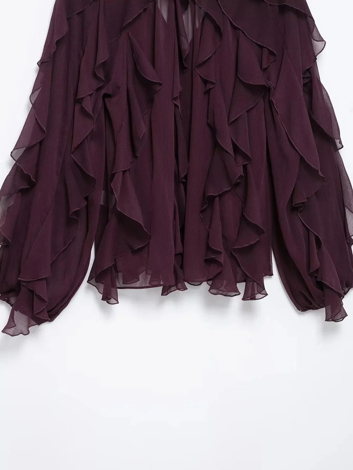 Burgundy Mesh Ruffle Blouse for Women Long Sleeve Sheer Loose Fit Elegant Party Top