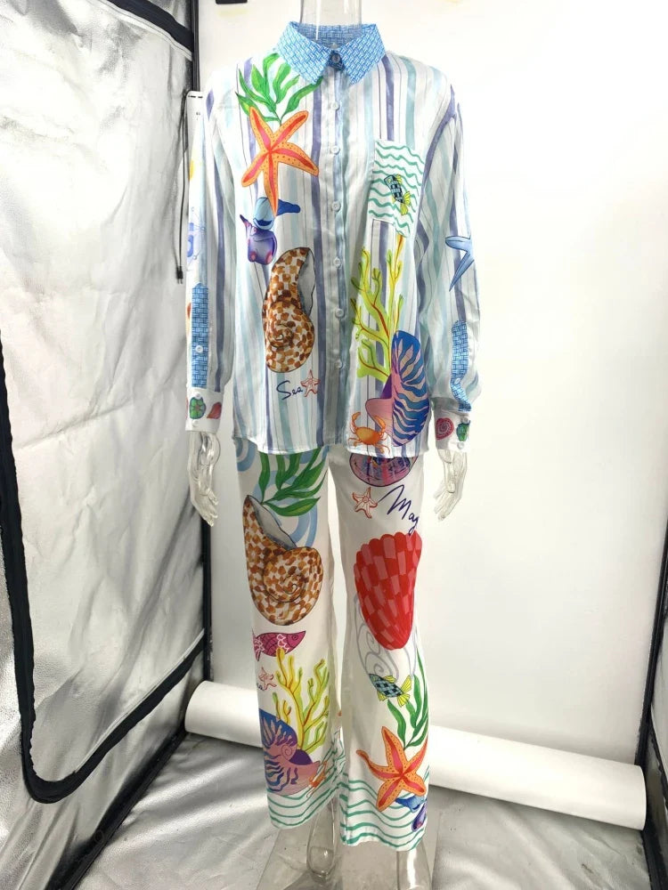 Bohemian Satin Print Two Piece Set for Women with Casual Long Sleeve Shirt and Wide Leg Pants Perfect for Summer Beach Outfits