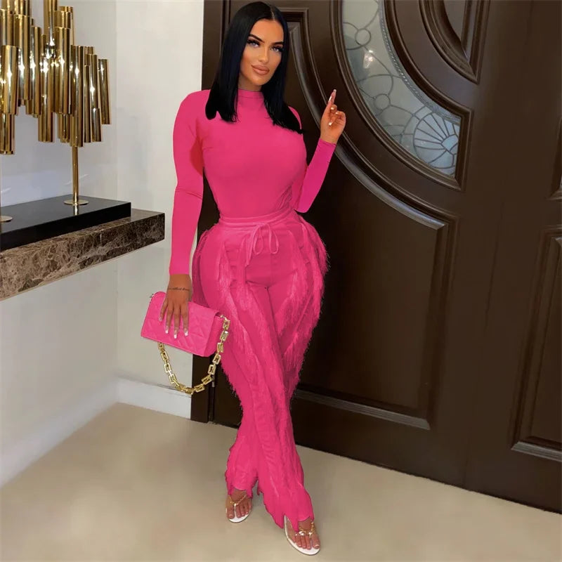 Elegant 2 Piece Women's Outfit Long Sleeve Bodysuit Top and Tassel Pants Set for Autumn Winter