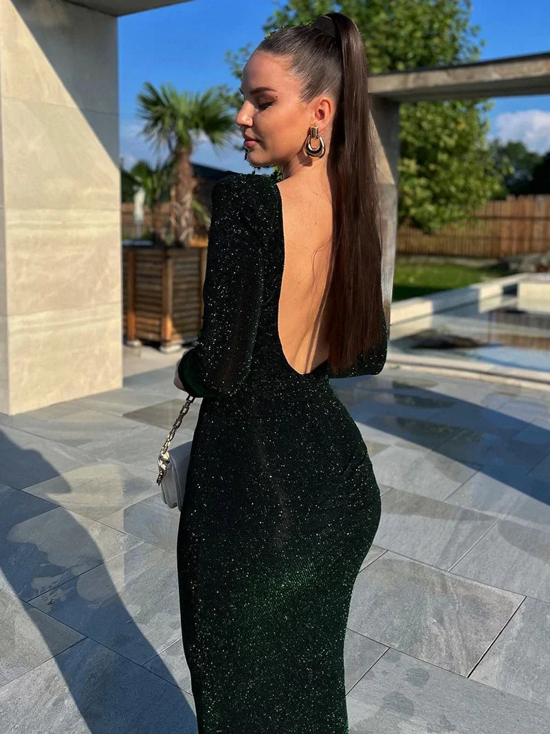 Glitter Backless Ruched Midi Dress For Women Party Dress