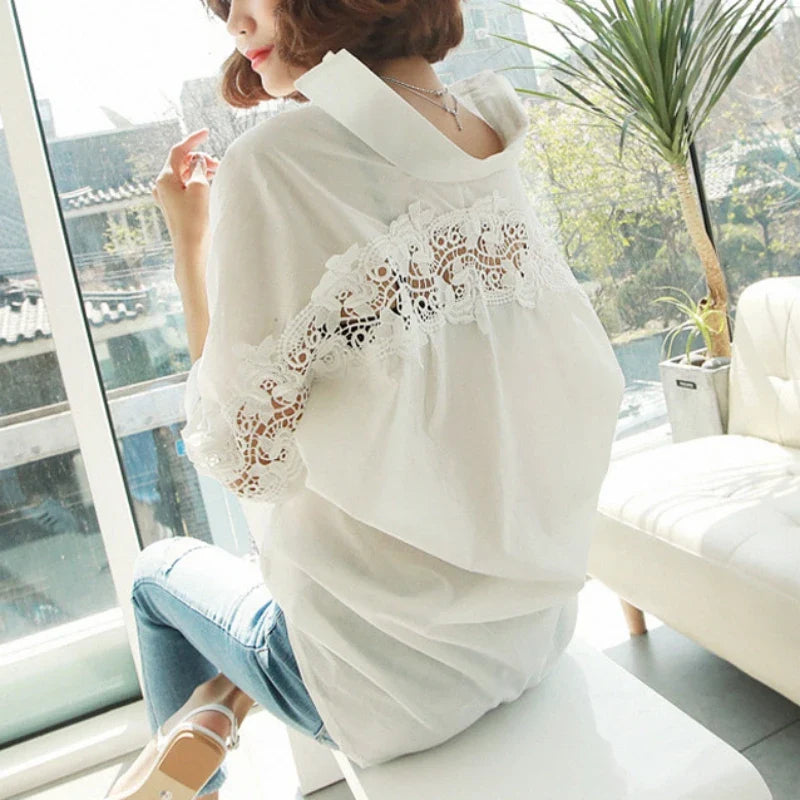 Sexy Hollow Out Lace Cotton Blouse for Women Elegant Backless Shirt Stylish Office Lady Top