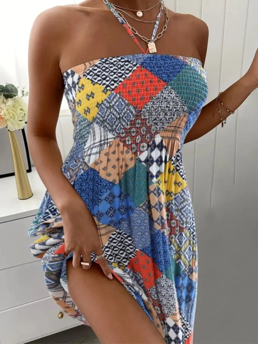 Floral Print Halter Neck Dress With Shirred Bust For Summer