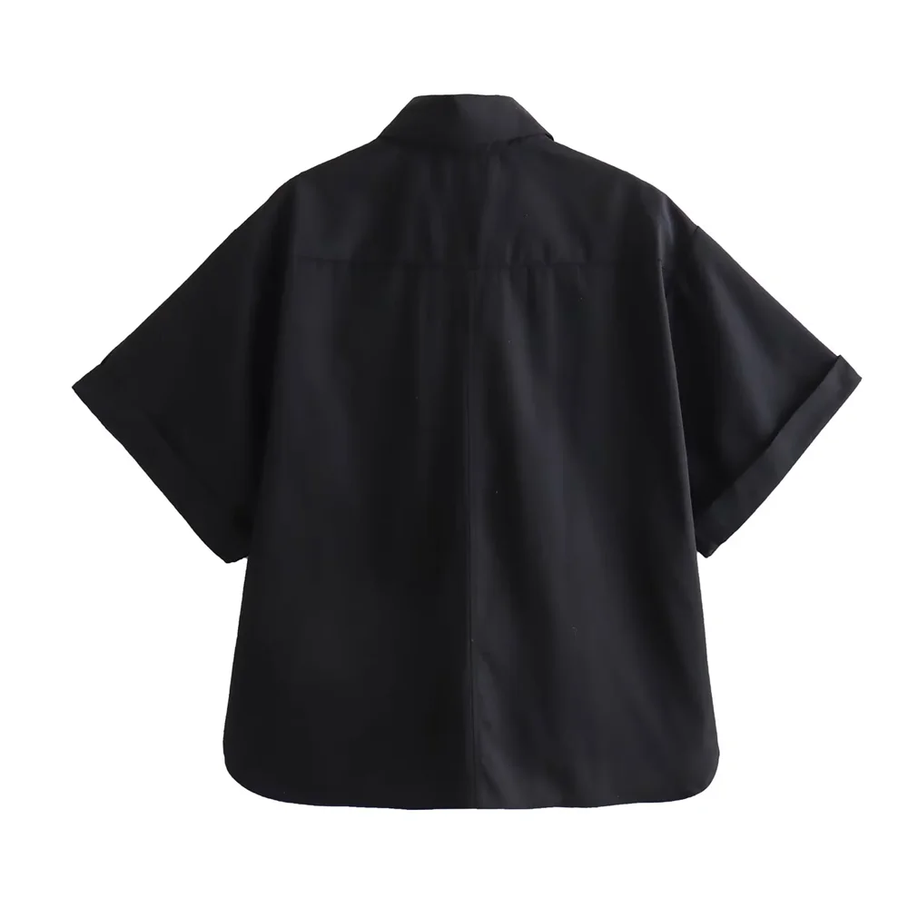 Women's Casual Short Poplin Shirt with Versatile Pocket Decoration Stylish Spring Fashion Top