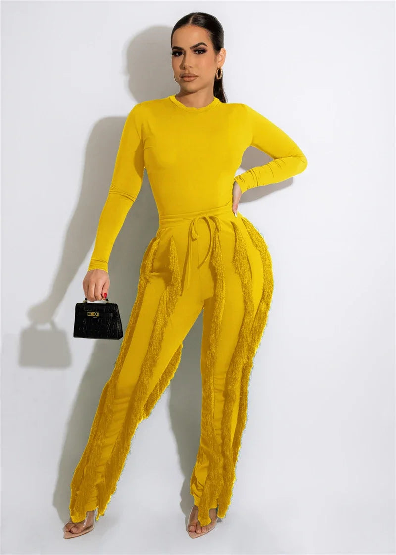 Elegant 2 Piece Women's Outfit Long Sleeve Bodysuit Top and Tassel Pants Set for Autumn Winter