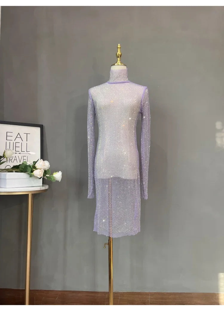 Rhinestone High Neck Glitter Party Dress Mid Length