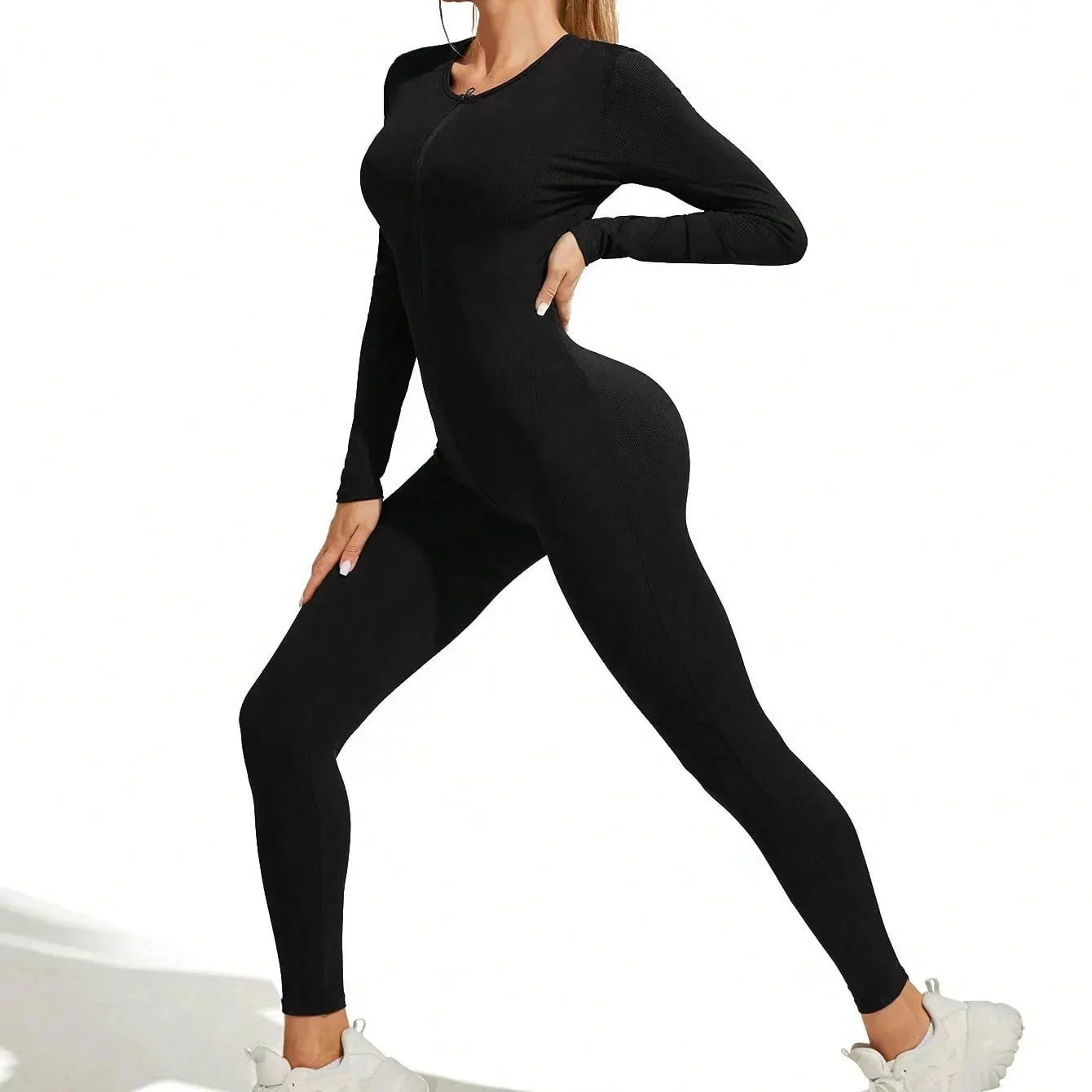 Sexy Ribbed Long Sleeve Zipper Bodysuit for Women Solid Color Bodycon Sporty Romper Jumpsuit