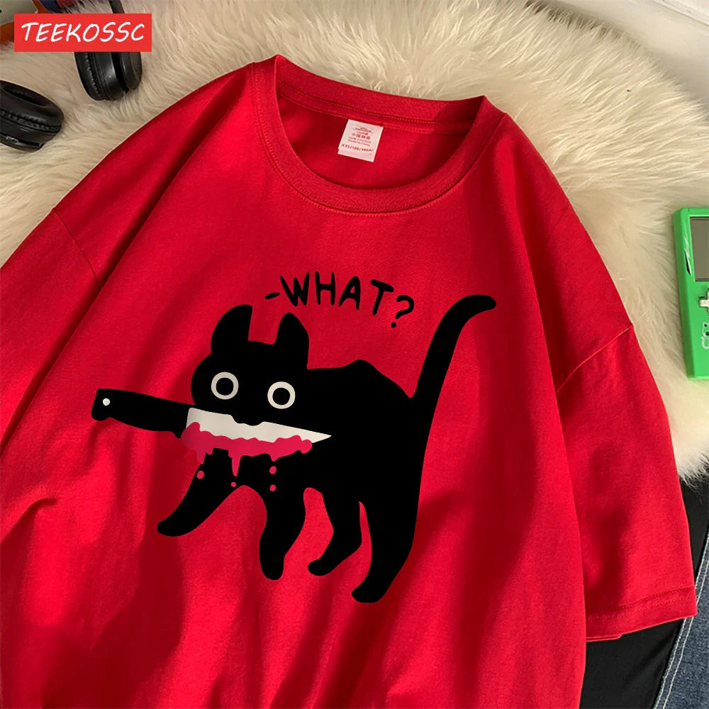 Summer Cotton Women's T-Shirts with Black Cat Print Casual Oversize O-Neck Streetwear for Daily Life and Dating