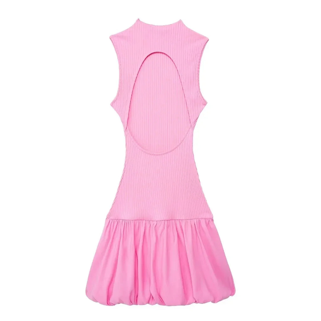 Pink Backless Mini Dress With Turtleneck Sleeveless Party