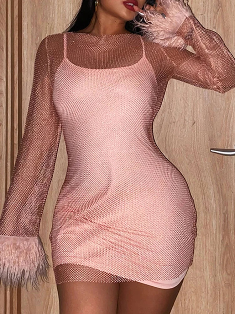 Black Mesh Bodycon Dress Long Sleeve Women Clubwear