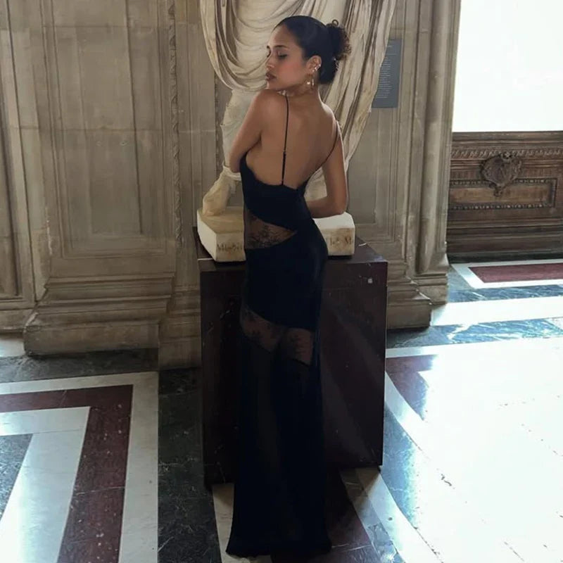 Black Backless Lace Maxi Dress For Women See Through