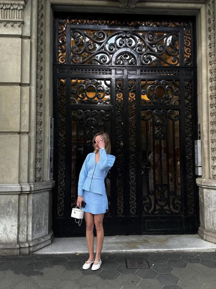 Women's Knit Tailored Cardigan and Skirt Set V-Neck Long Sleeve Jacket with High Waist Elastic A-Line Mini Skirt Stylish Two-Piece Outfit