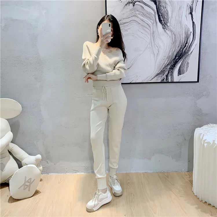 Elegant Ribbed Knitted Two Piece Tracksuit Set for Women with Backless Top and Long Harem Pants