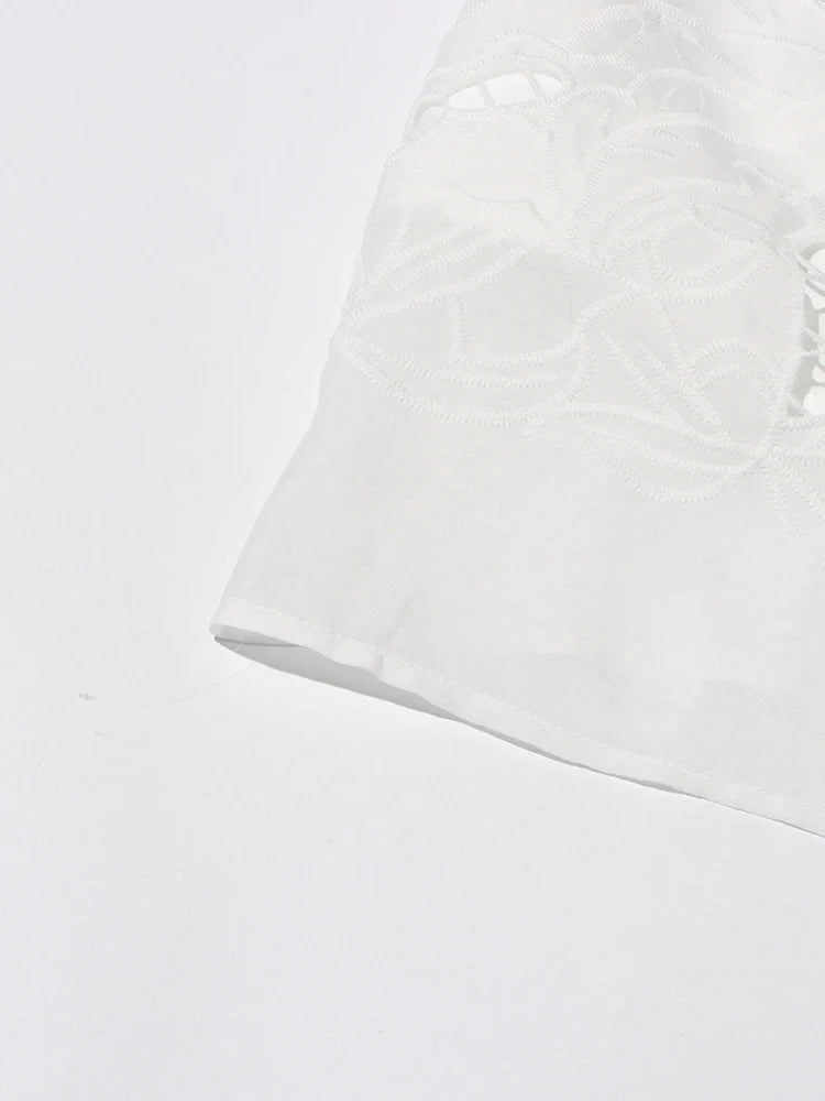 Patchwork Lace Hollow Dress Belted Lantern Sleeve For Women