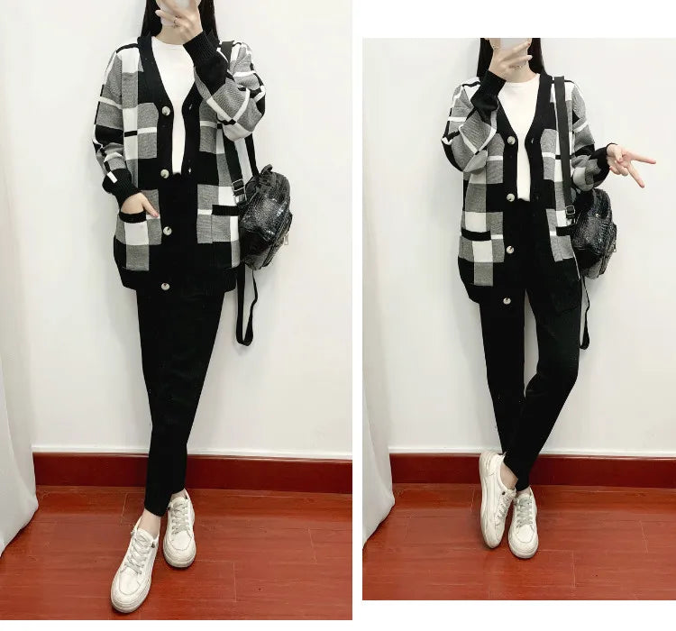 Autumn Winter Women's Plaid Knit Cardigan Tracksuit Set with Short Sleeve Top and Solid Harem Pants 3 Piece Cozy Sweater Coat Ensemble