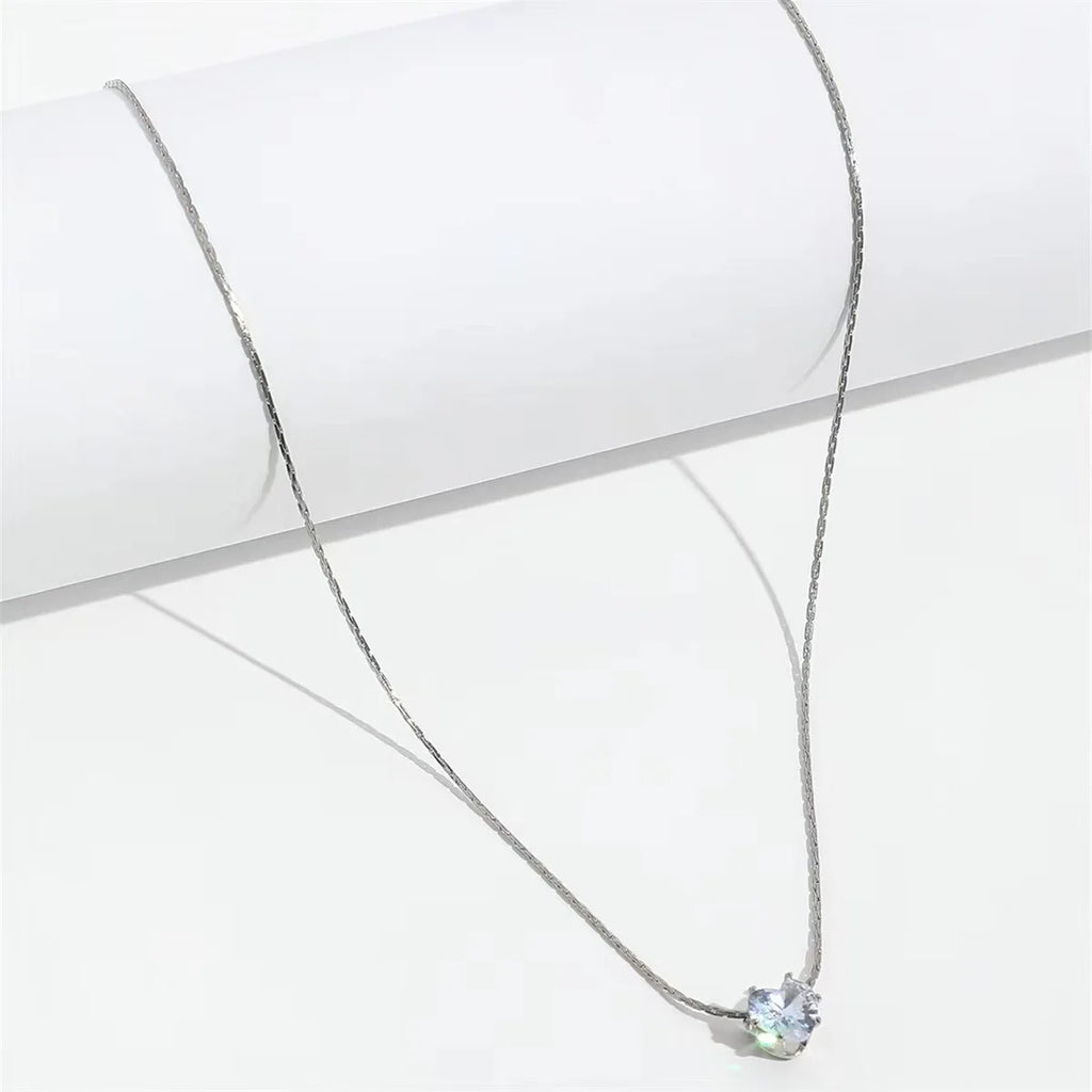 Dainty Minimalist Zircon Charm Necklace with Anti Tarnish Stainless Steel Chain and Round Clear CZ Stone