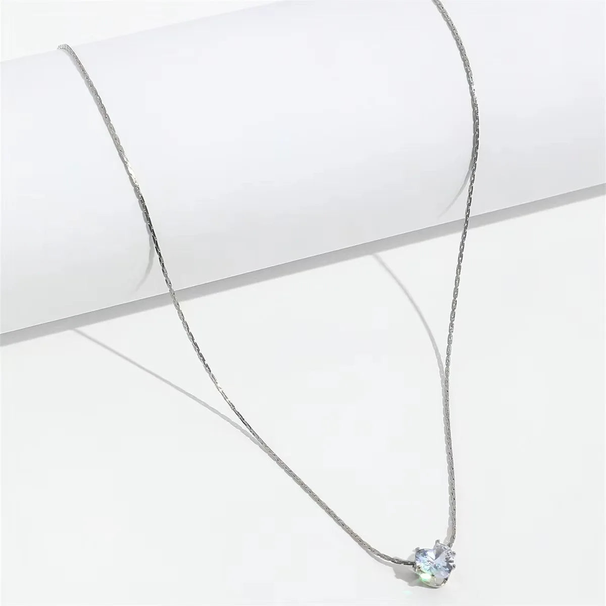 Dainty Minimalist Zircon Charm Necklace with Anti Tarnish Stainless Steel Chain and Round Clear CZ Stone