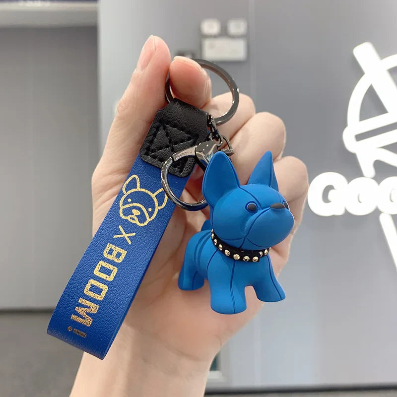Punk French Bulldog Keychain PU Leather Dog Bag Pendant for Women and Men Car Key Ring