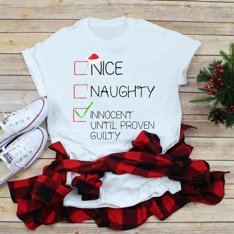Nice Naughty Christmas Cartoon Letter Print T-Shirt Casual Short Sleeve Summer Top for Women