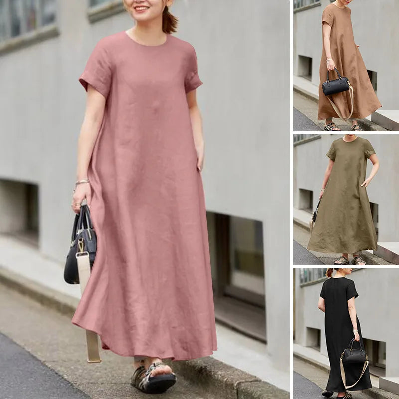 Summer Maxi Dress Women O Neck Short Sleeve Sundress A Line