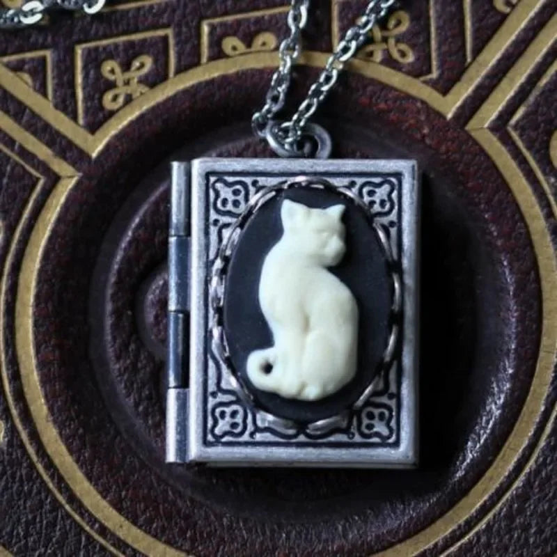 Gothic Cat Cameo Pendant Necklace Vintage Grimoire Creative Jewelry for Women