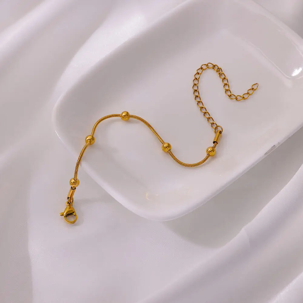Gold Color Stainless Steel Beaded Snake Chain Bracelet for Women Luxury Geometric Wedding Party Jewelry Gift