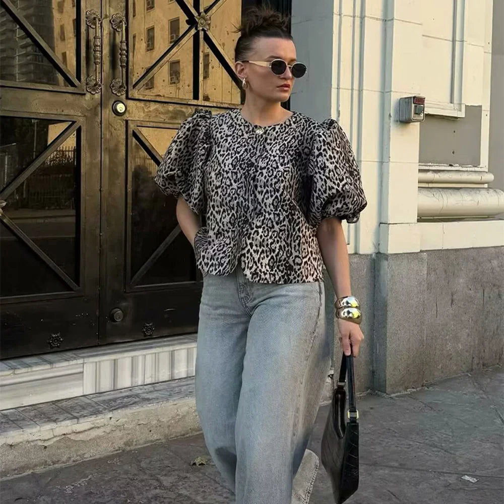 Women's Casual Bubble Sleeve Shirt with Round Neck and Button Detail Lightweight Summer Top