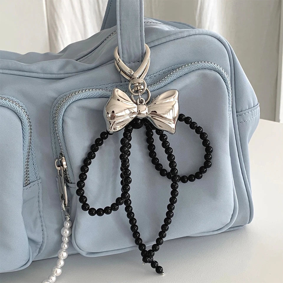 Korean Cute Beaded Pearl Bowknot Keychain for Women and Girls Metal Bow Pendant Bag Decoration Accessories