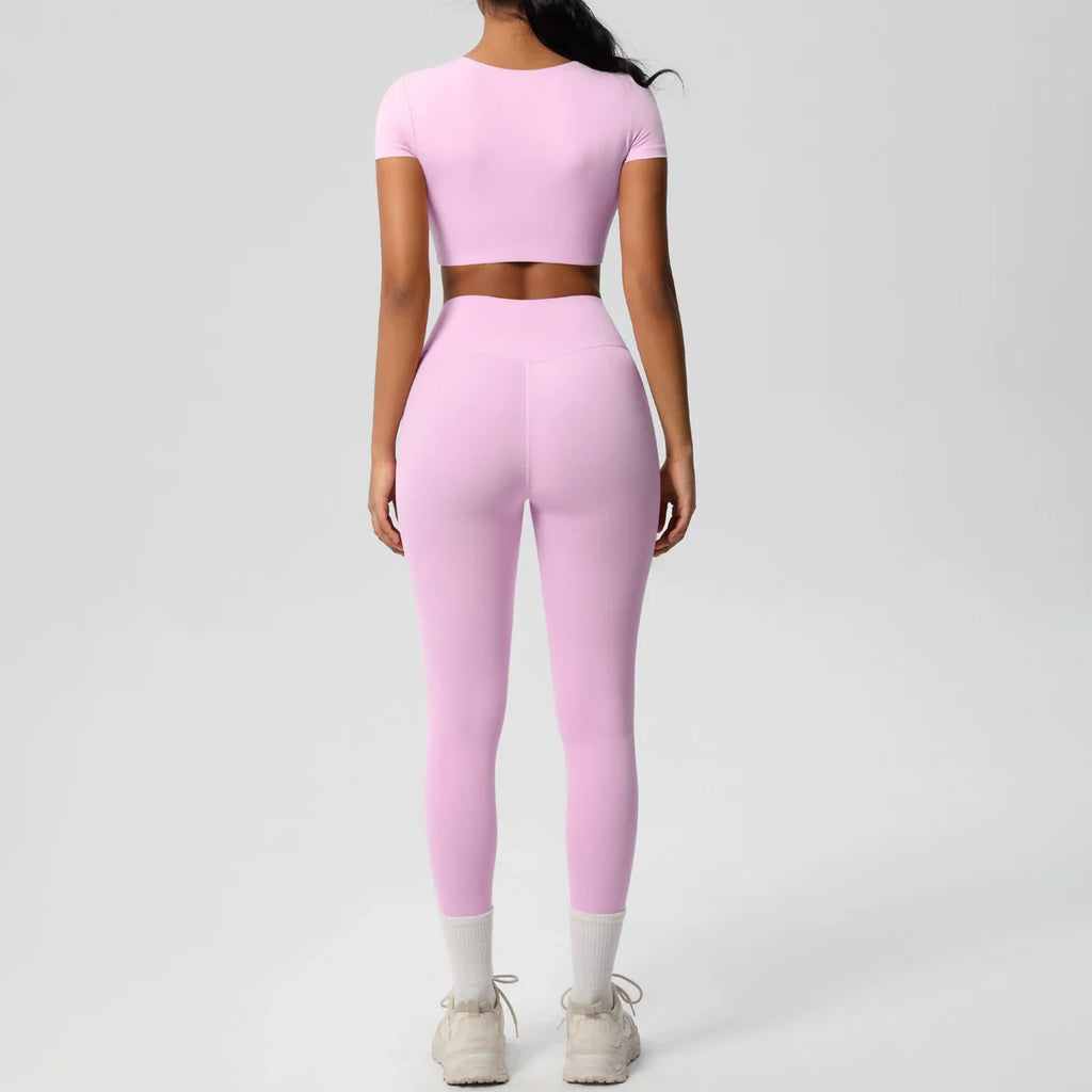 Yoga Set for Women Fitness Sportswear with Short Sleeve Top and High Waist Leggings