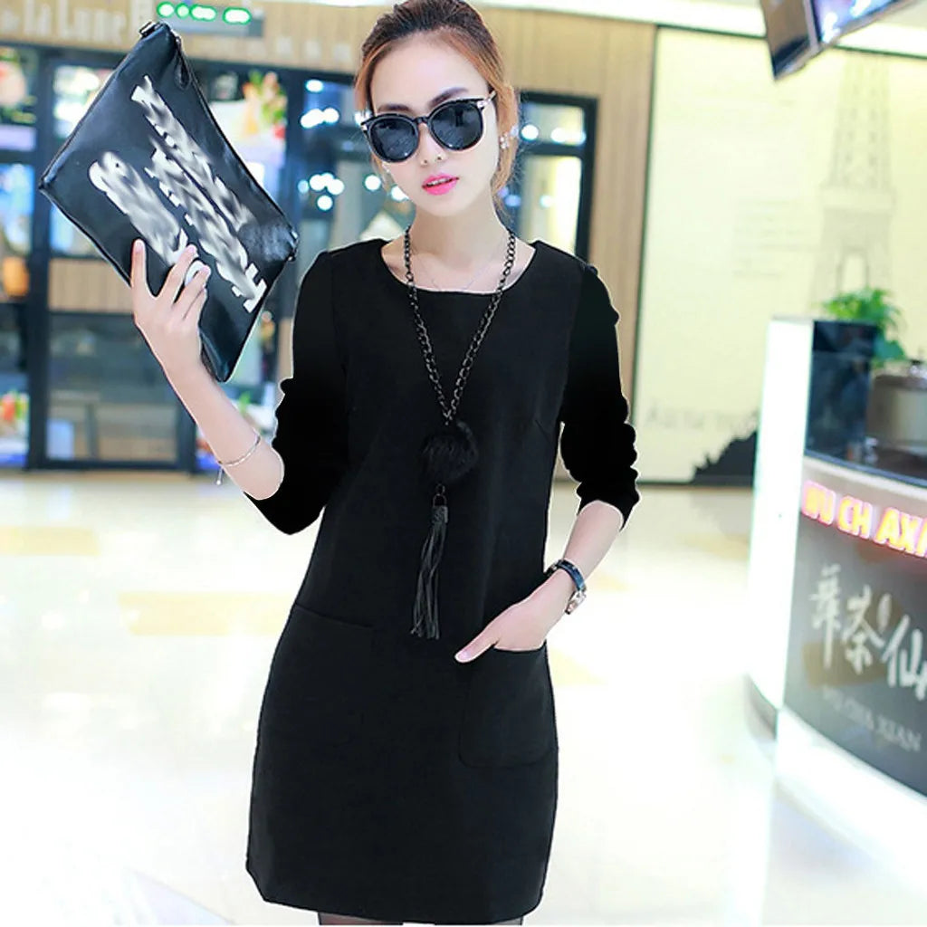 Women Velvet Padded Sweatshirt Dress With Pocket Detail