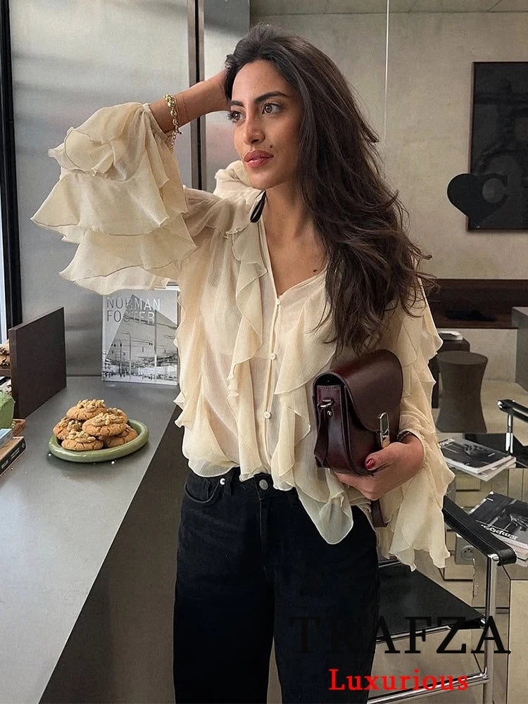 Burgundy Mesh Ruffle Blouse for Women Long Sleeve Sheer Loose Fit Elegant Party Top