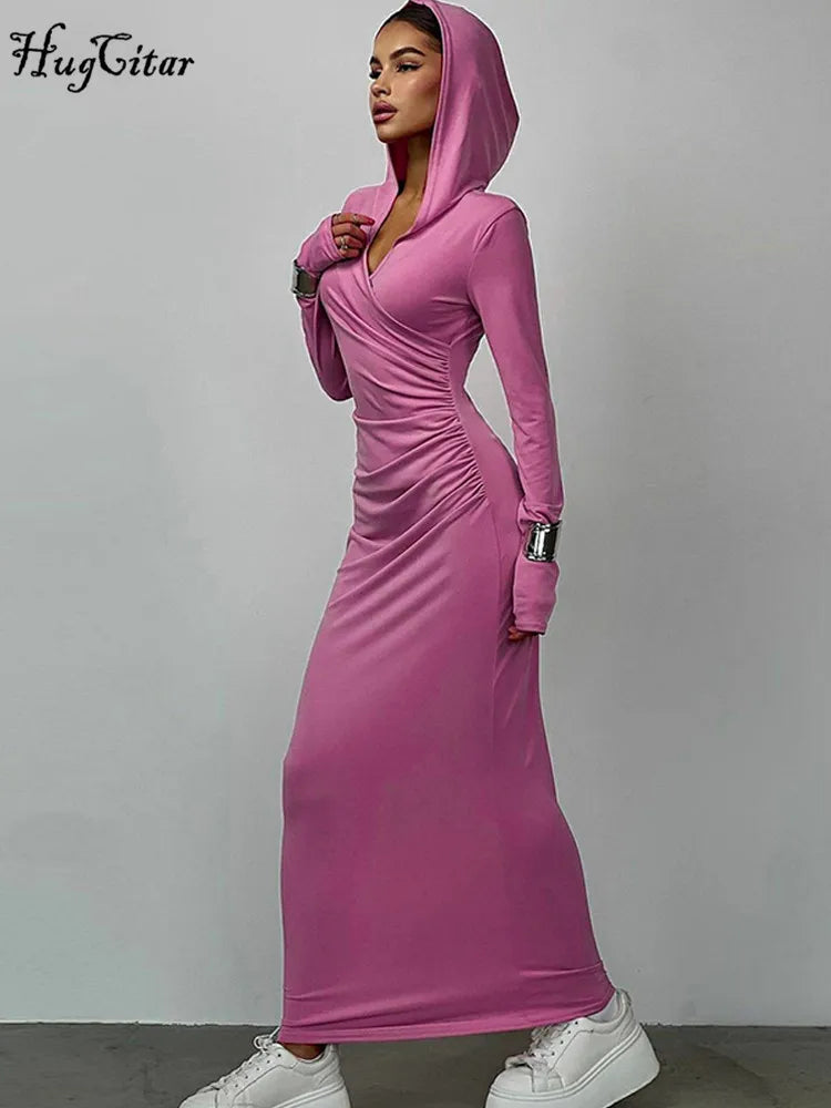V Neck Solid Maxi Dress With Draped Silhouette Long Sleeve