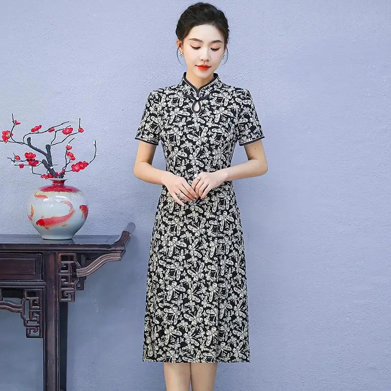 Floral A-Line Summer Dress For Women Short Sleeve Elegant