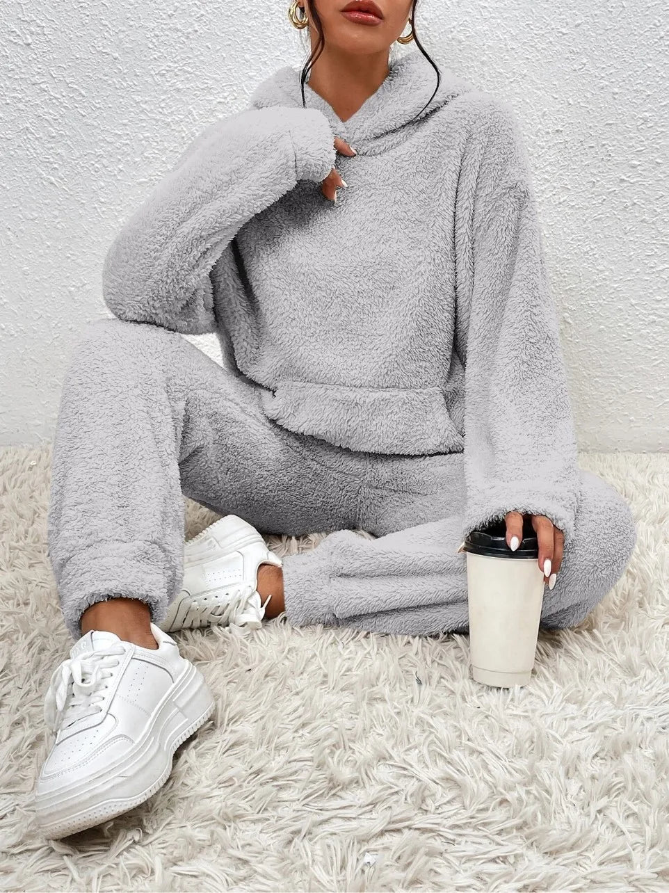 Cozy Autumn Winter Women's Casual Hooded Sweatshirt and Plush Leg Pants Two-Piece Set Warm Furry Trousers Outfit