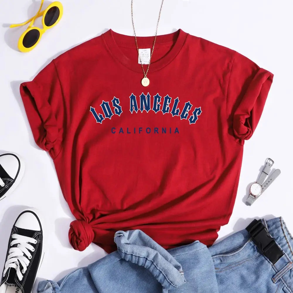 Los Angeles Letter Print Women's Casual T-Shirt Short Sleeve Crewneck Summer Style