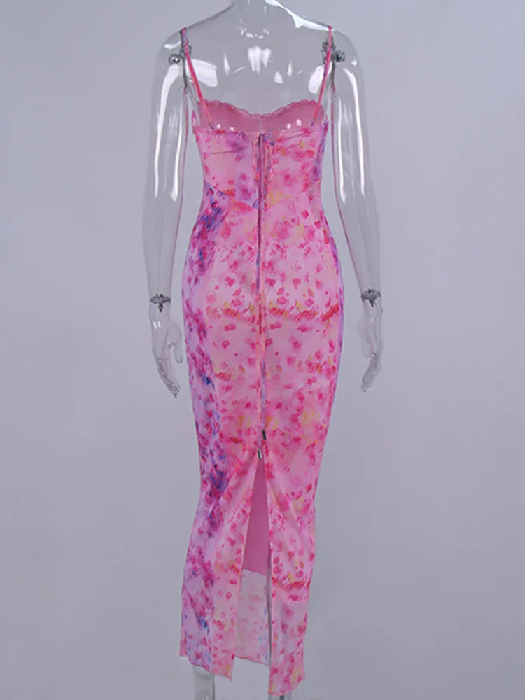 Floral Mesh Maxi Dress For Women Summer Beach Sundress