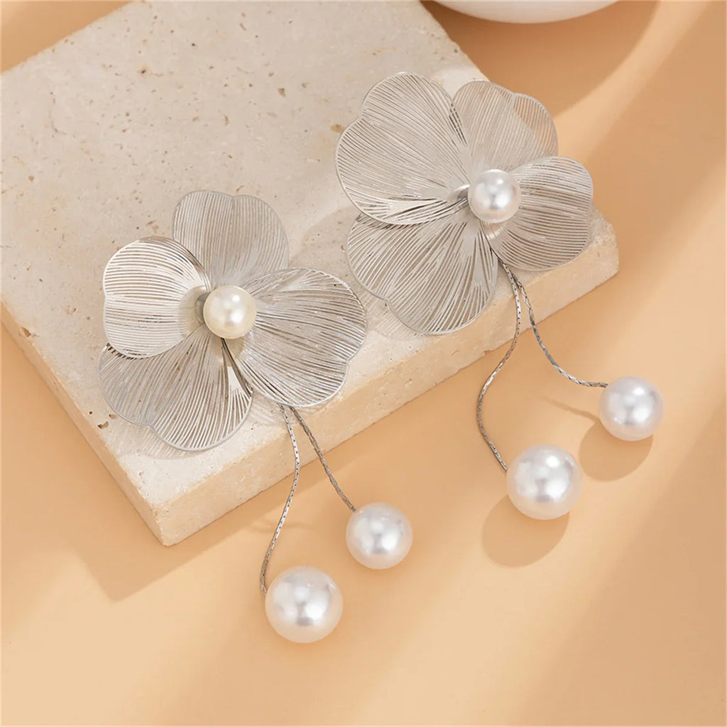 Women's Flower Petal Long Tassel Drop Earrings with Imitation Pearl for Weddings and Special Occasions