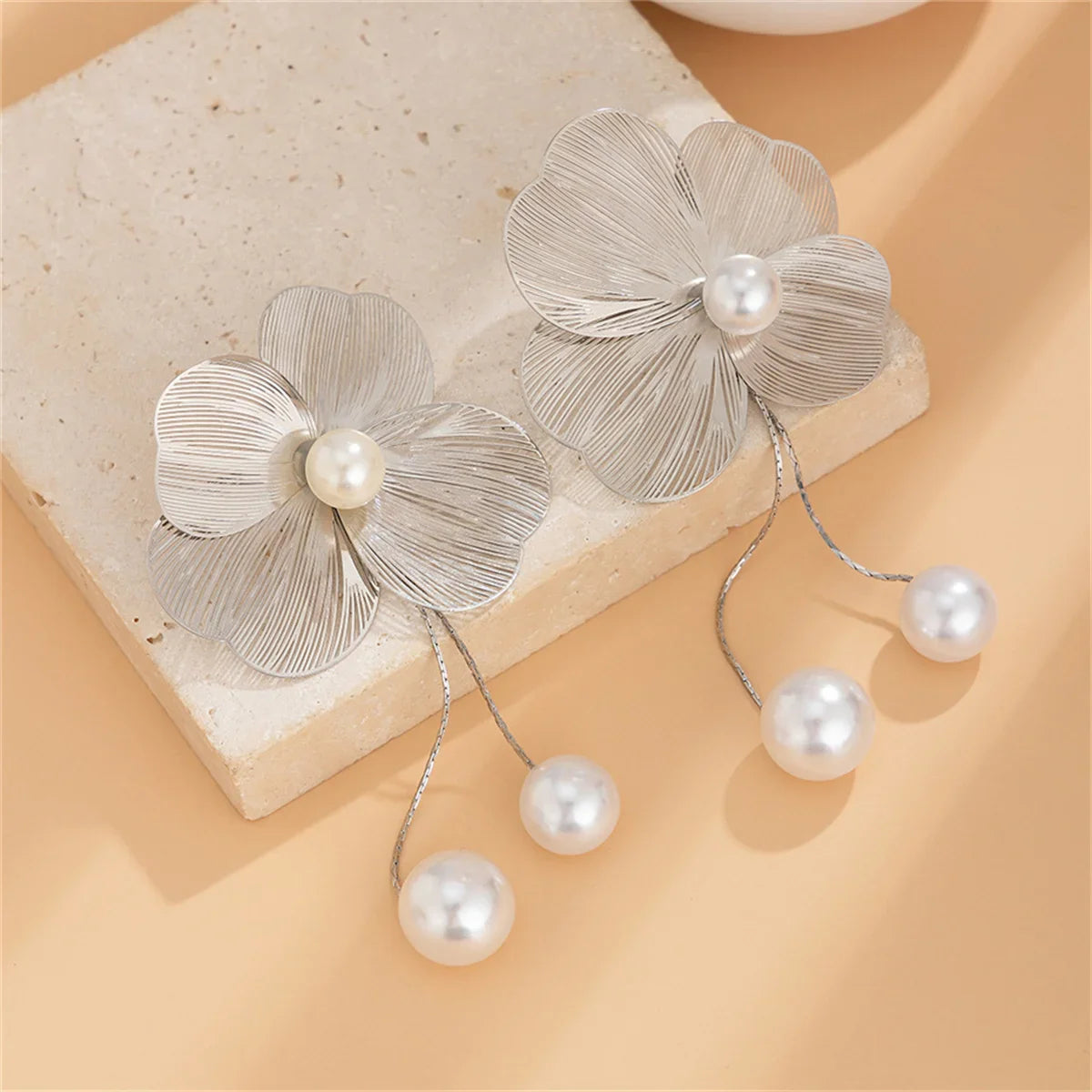 Women's Flower Petal Long Tassel Drop Earrings with Imitation Pearl for Weddings and Special Occasions