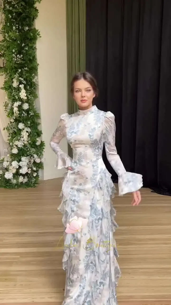 Satin Lace Up Printed Dress Long Sleeve Bodycon Evening Gown