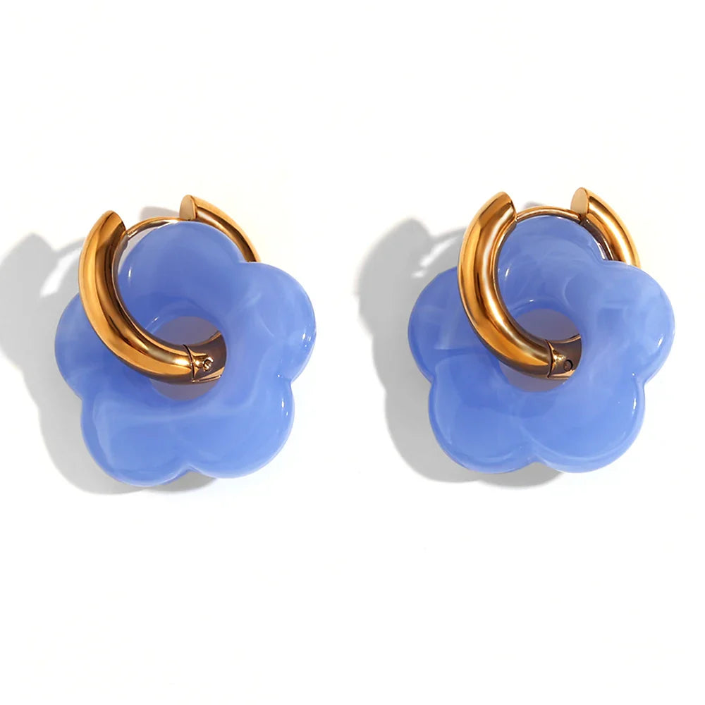Colorful Resin Flower Drop Earrings for Women in Waterproof Stainless Steel Hoops