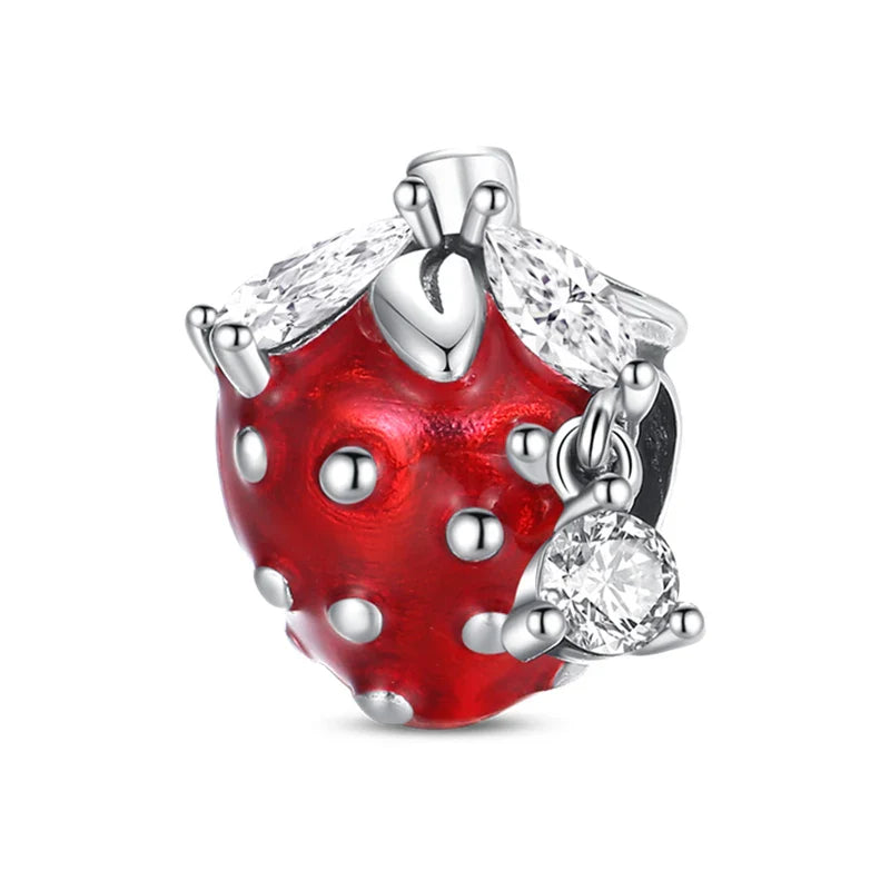 925 Silver Red Charms Beads for DIY Jewelry Bracelets Featuring Strawberry Ladybird and Lipstick Design