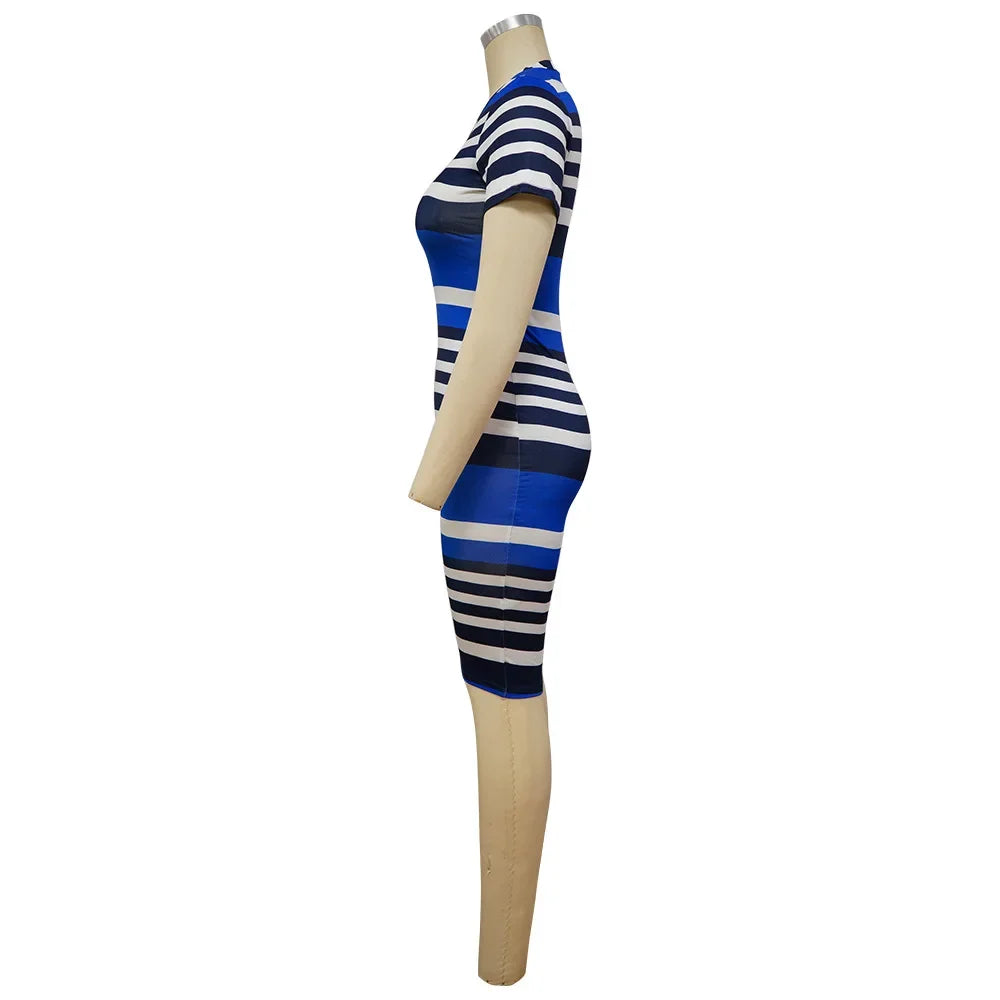 Summer Leaf Striped Print Bodycon Dress Knee Length